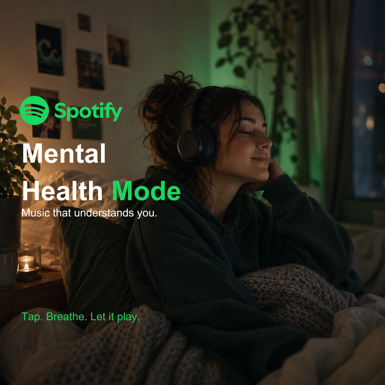 Ad 1: Person with headphones relaxing in a cozy room